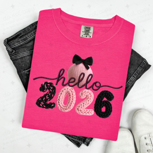 COQUETTE PINK AND BLACK HELLO 2026 - FAUX YARN - DTF TRANSFER