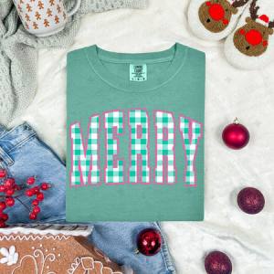 GREEN CHECKERED MERRY WITH PINK LACE OUTLINE - FAUX LACE - DTF TRANSFER