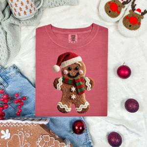 GINGERBREAD MAN WITH RED AND GREEN SCARF - FAUX YARN - DTF TRANSFER