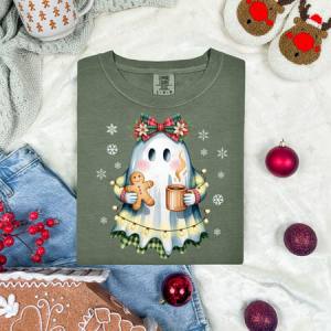 COQUETTE GIRLY CHRISTMAS GHOST WITH COOKIE AND COFFEE - DTF TRANSFER