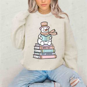 SNOWMAN READING ON STACK OF BOOKS - DTF TRANSFER