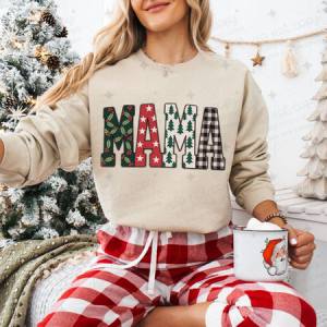 MAMA WITH HOLLY,STARS,TREES & PLAID PATTERN - DTF TRANSFER