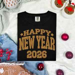 GOLD HAPPY NEW YEAR 2026 - FAUX YARN - DTF TRANSFER