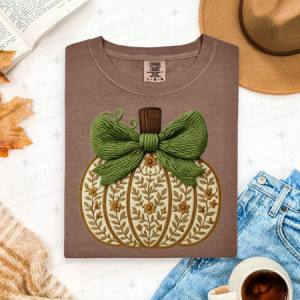 COQUETTE GREEN BOW FLORAL PUMPKIN - FAUX YARN - DTF TRANSFER