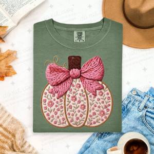 COQUETTE PINK BOW FLORAL PUMPKIN - FAUX YARN - DTF TRANSFER