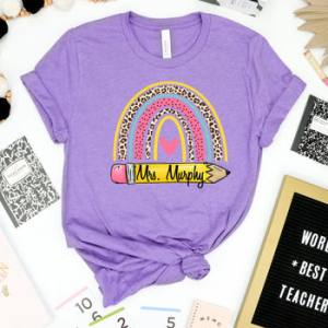 TEACHER NAME ON PENCIL W/ LEOPARD RAINBOW - CUSTOM TRANSFER