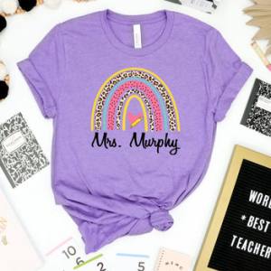 TEACHER NAME W/ LEOPARD RAINBOW & PENCIL HEART - CUSTOM TRANSFER