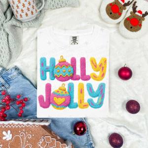 HOLLY JOLLY WITH ORNAMENTS - FAUX YARN - DTF TRANSFER
