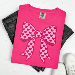 COQUETTE PINK GLITTER HEARTS BOW - FAUX GLITTER - DTF TRANSFER