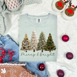 MERRY & BRIGHT - TREES WITH CHRISTMAS LIGHTS - FAUX YARN - DTF TRANSFER