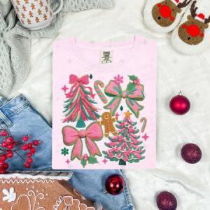 COQUETTE PINK AND GREEN CHRISTMAS DOODLE - FAUX YARN - DTF TRANSFER