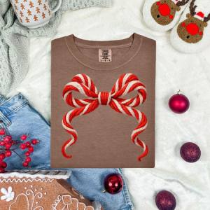 COQUETTE CANDY CANE STRIPED BOW - FAUX YARN - DTF TRANSFER