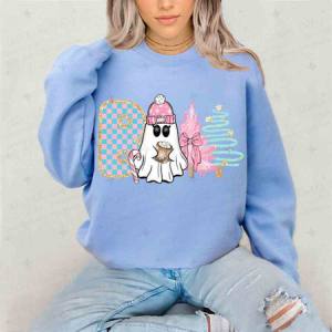 COQUETTE WINTER BOO - W/ GHOST HOLDING COCOA + CHRISTMAS TREES + GLITTER - DTF TRANSFER