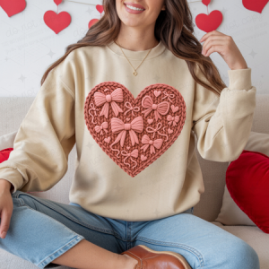 COQUETTE HEART WITH PINK BOWS INSIDE - FAUX YARN - DTF TRANSFER