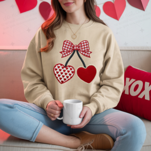COQUETTE BOLD PLAID BOW WITH RED CHERRY HEARTS - FAUX YARN - DTF TRANSFER