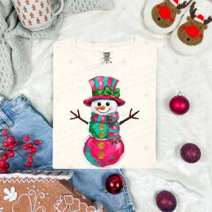 PINK AND GREEN PAINTED SNOWMAN - DTF TRANSFER