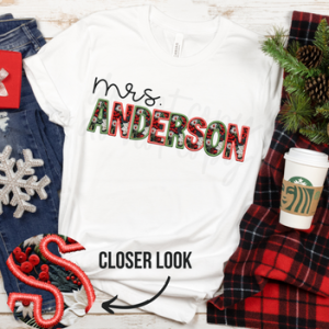 CHRISTMAS HOLLY TEACHERS NAME - FAUX EMBROIDERY - CUSTOM TRANSFER