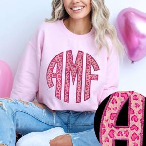 PINK HEARTS MONOGRAM - FAUX EMBROIDERY - CUSTOM TRANSFER