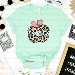 LEOPARD APPLE TEACHER NAME W/ KNOCKOUT - CUSTOM TRANSFER