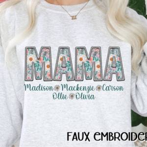 MAMA,AUNT,GRANDMA ETC W/ KIDS NAMES - FAUX EMBROIDERY - CUSTOM TRANSFER