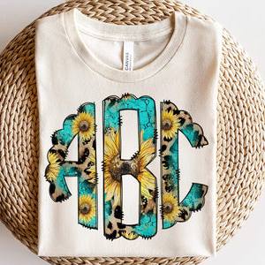 LEOPARD TURQUOISE SUNFLOWER MONOGRAM - CUSTOM TRANSFER