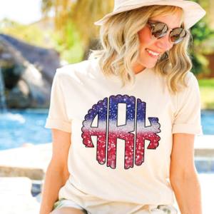 RED WHITE & BLUE GLITTER MONOGRAM - FAUX GLITTER - CUSTOM TRANSFER