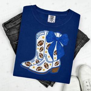 COQUETTE FOOTBALL BOOTS - BLUE W/FAUX GLITTER - DTF TRANSFER