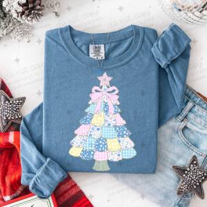 COQUETTE PASTEL PATCHWORK CHRISTMAS TREE - FAUX GLITTER - DTF TRANSFER