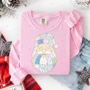 PASTEL PATCHWORK SANTA - FAUX GLITTER - DTF TRANSFER