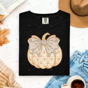 COQUETTE ORANGE FLORAL PUMPKIN - FAUX GLITTER - DTF TRANSFER