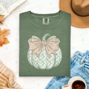 COQUETTE GREEN FLORAL PUMPKIN - FAUX GLITTER - DTF TRANSFER