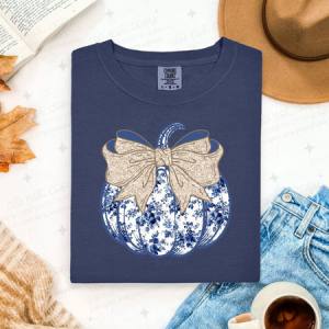 COQUETTE NAVY FLORAL PUMPKIN - FAUX GLITTER - DTF TRANSFER