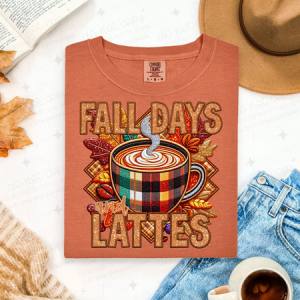 FALL DAYS AND LATTES - FAUX GLITTER/FAUX EMBROIDERY - DTF TRANSFER