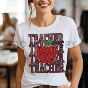 STACKED TEACHER WITH APPLE - FAUX SEQUIN/FAUX EMBROIDERY  - DTF TRANSFER